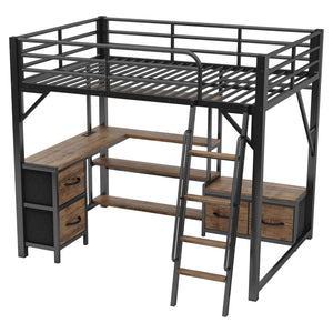 English Elm Full Size Metal Loft Bed with Desk Wardrobe Led Lights Drawers and Charging Station W2593S00070