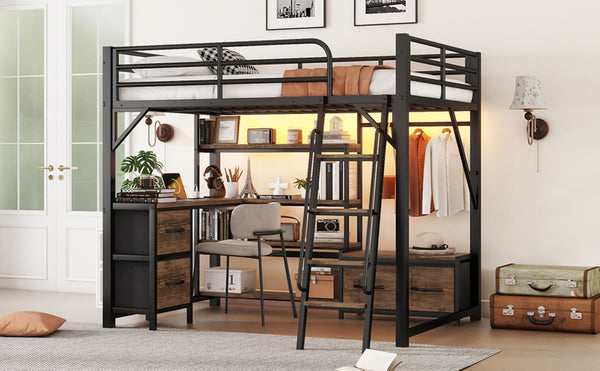English Elm Full Size Metal Loft Bed with Desk Wardrobe Led Lights Drawers and Charging Station W2593S00070