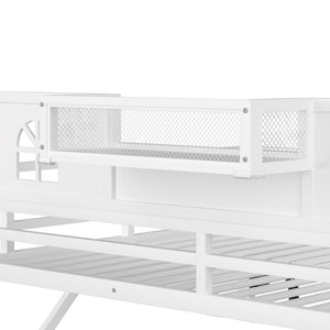 English Elm Full Size Metal Loft Bed with House Arch Rails Stair Storage and Usb Charging Kids Room White W2593S00073