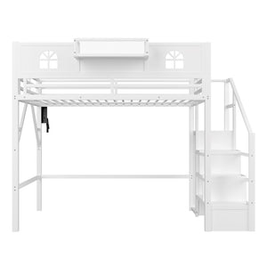 English Elm Full Size Metal Loft Bed with House Arch Rails Stair Storage and Usb Charging Kids Room White W2593S00073