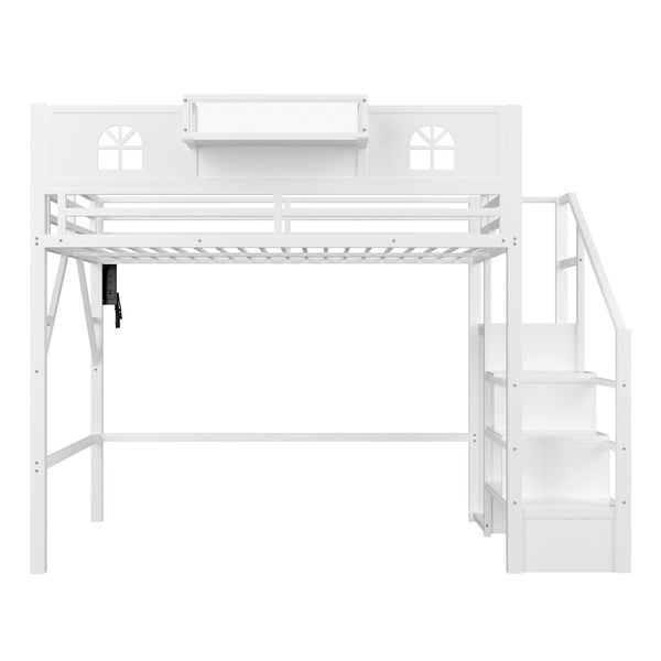 English Elm Full Size Metal Loft Bed with House Arch Rails Stair Storage and Usb Charging Kids Room White W2593S00073
