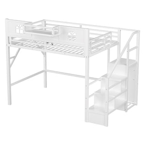 English Elm Full Size Metal Loft Bed with House Arch Rails Stair Storage and Usb Charging Kids Room White W2593S00073