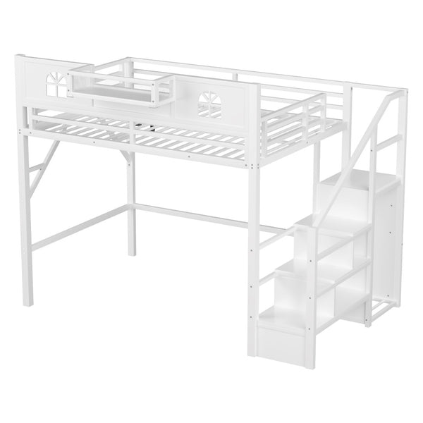 English Elm Full Size Metal Loft Bed with House Arch Rails Stair Storage and Usb Charging Kids Room White W2593S00073