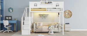 English Elm Full Size Metal Loft Bed with House Arch Rails Stair Storage and Usb Charging Kids Room White W2593S00073