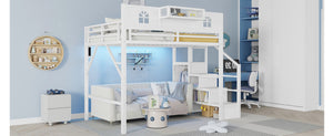 English Elm Full Size Metal Loft Bed with House Arch Rails Stair Storage and Usb Charging Kids Room White W2593S00073