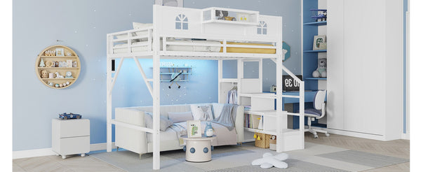 English Elm Full Size Metal Loft Bed with House Arch Rails Stair Storage and Usb Charging Kids Room White W2593S00073