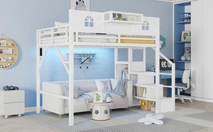 English Elm Full Size Metal Loft Bed with House Arch Rails Stair Storage and Usb Charging Kids Room White W2593S00073