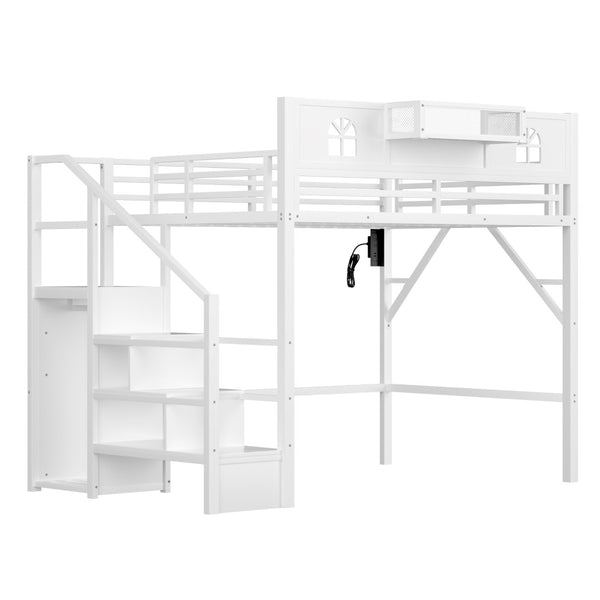 English Elm Full Size Metal Loft Bed with House Arch Rails Stair Storage and Usb Charging Kids Room White W2593S00073