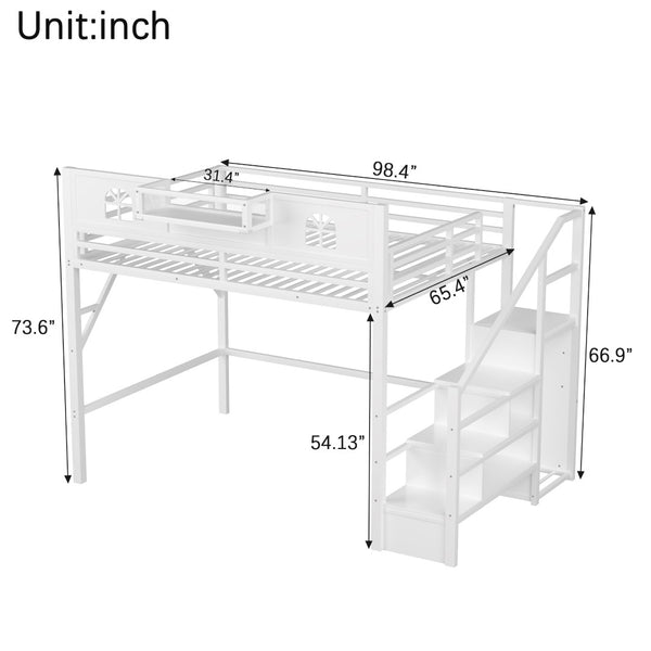 English Elm Queen Metal Loft Bed with House Shaped Frame Staircase Wardrobe and Led Lighting White W2593S00074