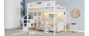 English Elm Queen Metal Loft Bed with House Shaped Frame Staircase Wardrobe and Led Lighting White W2593S00074