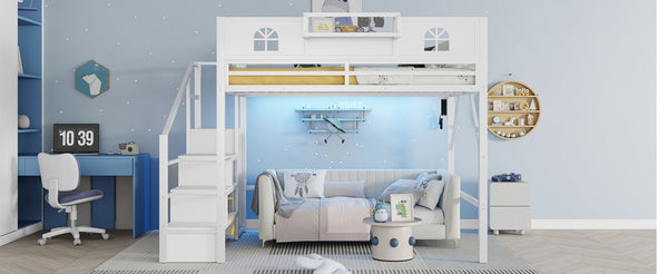 English Elm Queen Metal Loft Bed with House Shaped Frame Staircase Wardrobe and Led Lighting White W2593S00074
