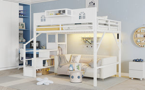English Elm Queen Metal Loft Bed with House Shaped Frame Staircase Wardrobe and Led Lighting White W2593S00074