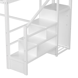 English Elm Queen Metal Loft Bed with House Shaped Frame Staircase Wardrobe and Led Lighting White W2593S00074