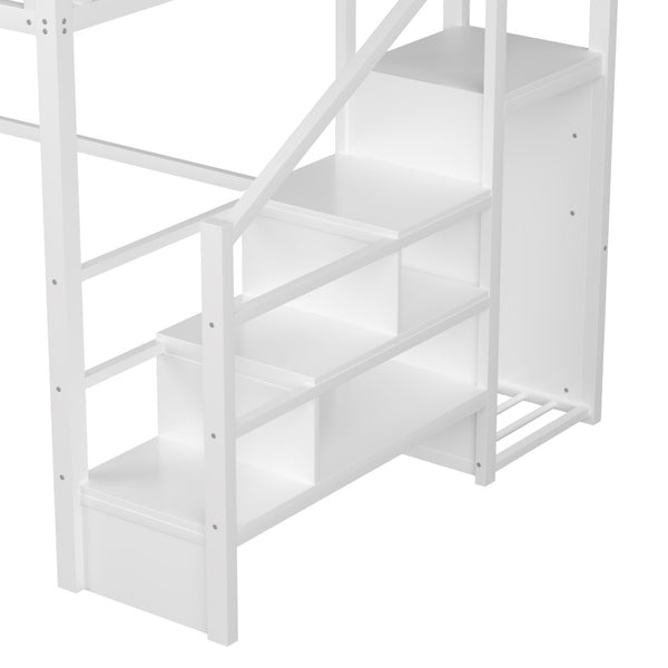 English Elm Queen Metal Loft Bed with House Shaped Frame Staircase Wardrobe and Led Lighting White W2593S00074