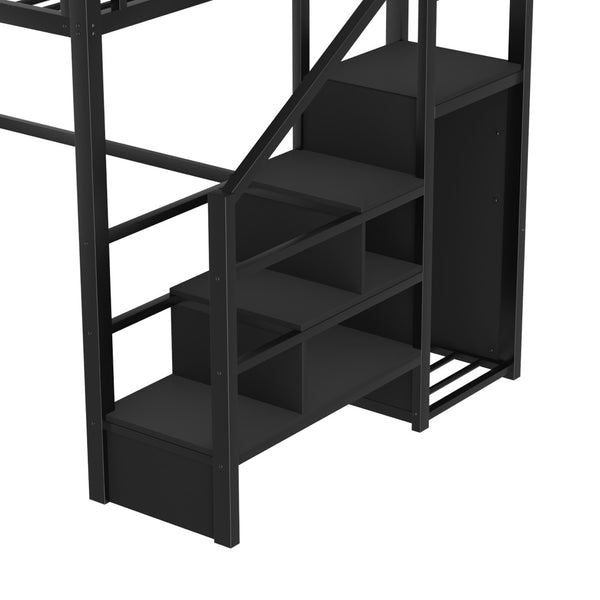 English Elm Full Size Metal Loft Bed with House Arch Rails Stair Storage and Usb Charging Kids Room Black W2593S00075