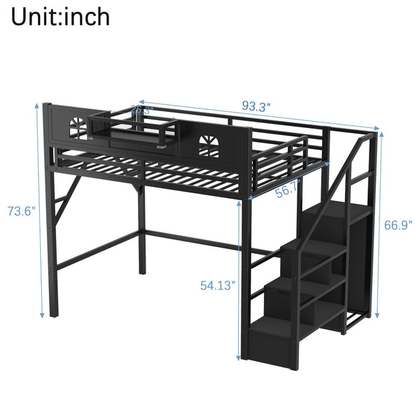 English Elm Full Size Metal Loft Bed with House Arch Rails Stair Storage and Usb Charging Kids Room Black W2593S00075