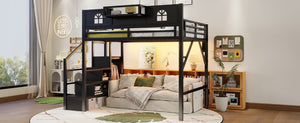 English Elm Full Size Metal Loft Bed with House Arch Rails Stair Storage and Usb Charging Kids Room Black W2593S00075