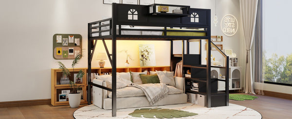 English Elm Full Size Metal Loft Bed with House Arch Rails Stair Storage and Usb Charging Kids Room Black W2593S00075