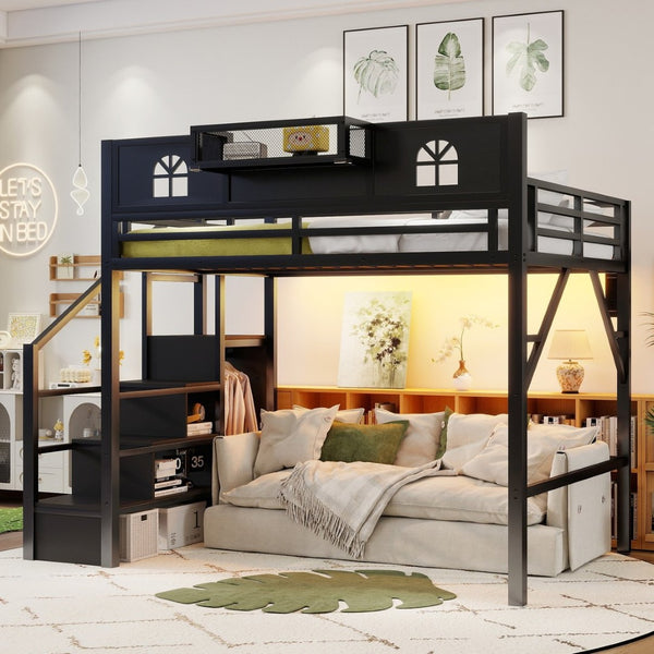 English Elm Full Size Metal Loft Bed with House Arch Rails Stair Storage and Usb Charging Kids Room Black W2593S00075