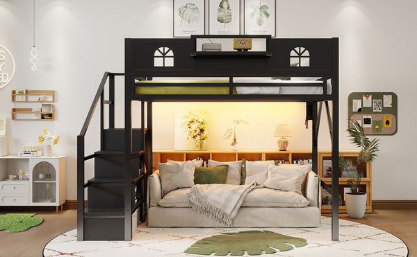 English Elm Full Size Metal Loft Bed with House Arch Rails Stair Storage and Usb Charging Kids Room Black W2593S00075