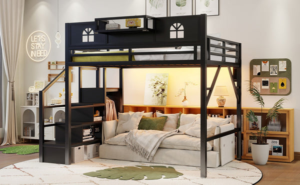 English Elm Full Size Metal Loft Bed with House Arch Rails Stair Storage and Usb Charging Kids Room Black W2593S00075