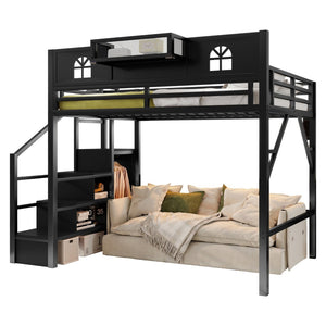 English Elm Full Size Metal Loft Bed with House Arch Rails Stair Storage and Usb Charging Kids Room Black W2593S00075