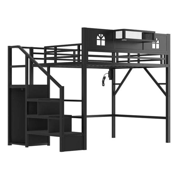 English Elm Full Size Metal Loft Bed with House Arch Rails Stair Storage and Usb Charging Kids Room Black W2593S00075