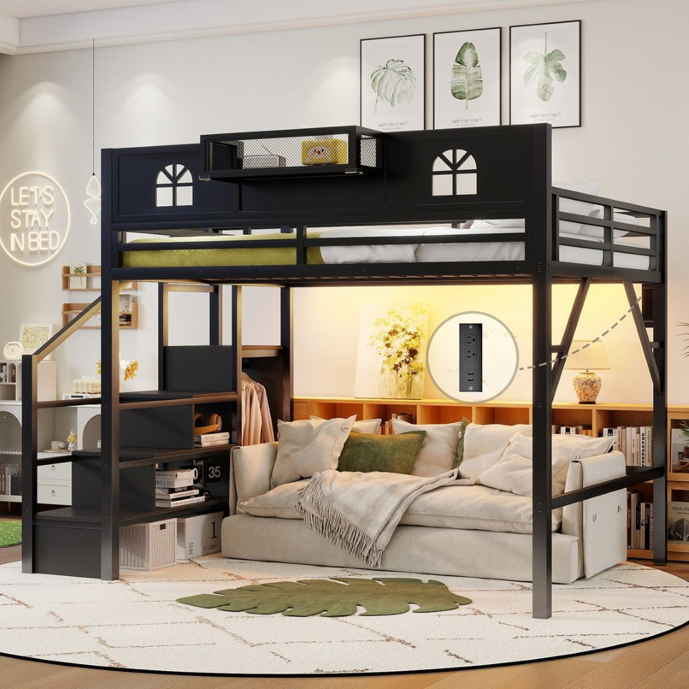 English Elm Queen Metal Loft Bed with House Shaped Frame Staircase Wardrobe and Led Lighting Black W2593S00076