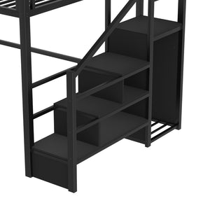 English Elm Queen Metal Loft Bed with House Shaped Frame Staircase Wardrobe and Led Lighting Black W2593S00076