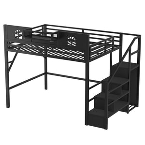 English Elm Queen Metal Loft Bed with House Shaped Frame Staircase Wardrobe and Led Lighting Black W2593S00076