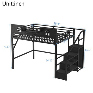 English Elm Queen Metal Loft Bed with House Shaped Frame Staircase Wardrobe and Led Lighting Black W2593S00076