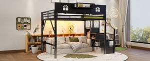 English Elm Queen Metal Loft Bed with House Shaped Frame Staircase Wardrobe and Led Lighting Black W2593S00076