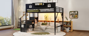 English Elm Queen Metal Loft Bed with House Shaped Frame Staircase Wardrobe and Led Lighting Black W2593S00076
