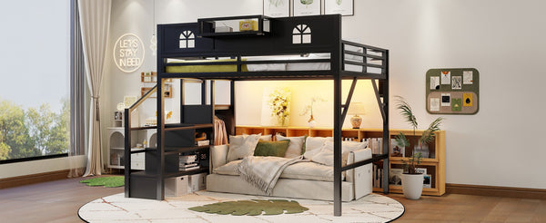 English Elm Queen Metal Loft Bed with House Shaped Frame Staircase Wardrobe and Led Lighting Black W2593S00076