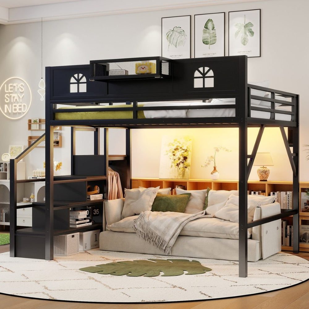 English Elm Queen Metal Loft Bed with House Shaped Frame Staircase Wardrobe and Led Lighting Black W2593S00076