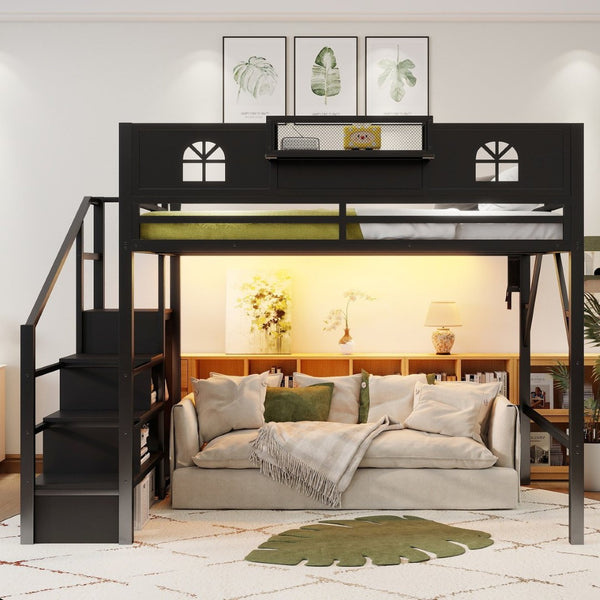English Elm Queen Metal Loft Bed with House Shaped Frame Staircase Wardrobe and Led Lighting Black W2593S00076