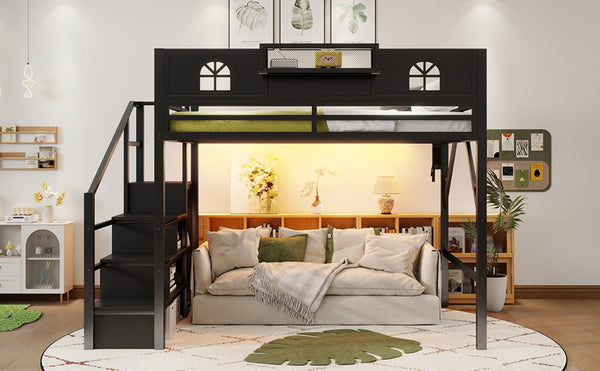 English Elm Queen Metal Loft Bed with House Shaped Frame Staircase Wardrobe and Led Lighting Black W2593S00076