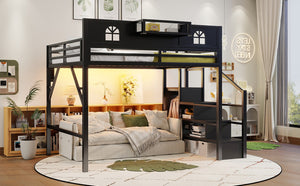 English Elm Queen Metal Loft Bed with House Shaped Frame Staircase Wardrobe and Led Lighting Black W2593S00076