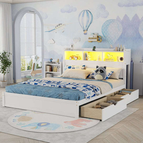 English Elm Queen Storage Bed Solid Wood Frame with LED Headboard Compartments and Pull Out Drawers White W2593S00082