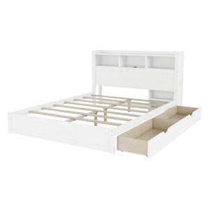 English Elm Queen Storage Bed Solid Wood Frame with LED Headboard Compartments and Pull Out Drawers White W2593S00082