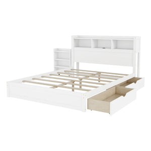 English Elm Queen Storage Bed Solid Wood Frame with LED Headboard Compartments and Pull Out Drawers White W2593S00082