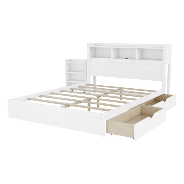 English Elm Queen Storage Bed Solid Wood Frame with LED Headboard Compartments and Pull Out Drawers White W2593S00082