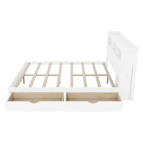 English Elm Queen Storage Bed Solid Wood Frame with LED Headboard Compartments and Pull Out Drawers White W2593S00082