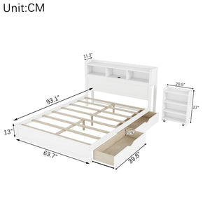 English Elm Queen Storage Bed Solid Wood Frame with LED Headboard Compartments and Pull Out Drawers White W2593S00082