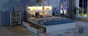 English Elm Queen Storage Bed Solid Wood Frame with LED Headboard Compartments and Pull Out Drawers White W2593S00082