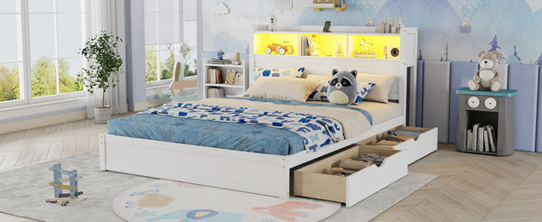 English Elm Queen Storage Bed Solid Wood Frame with LED Headboard Compartments and Pull Out Drawers White W2593S00082