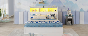 English Elm Queen Storage Bed Solid Wood Frame with LED Headboard Compartments and Pull Out Drawers White W2593S00082