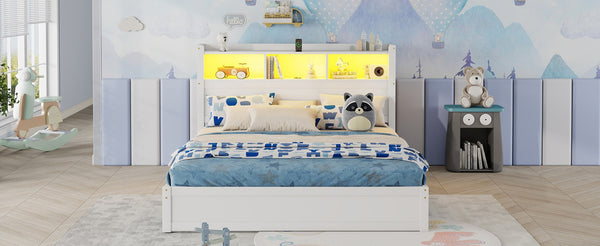 English Elm Queen Storage Bed Solid Wood Frame with LED Headboard Compartments and Pull Out Drawers White W2593S00082