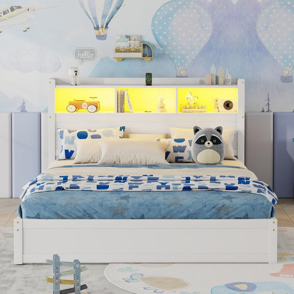 English Elm Queen Storage Bed Solid Wood Frame with LED Headboard Compartments and Pull Out Drawers White W2593S00082