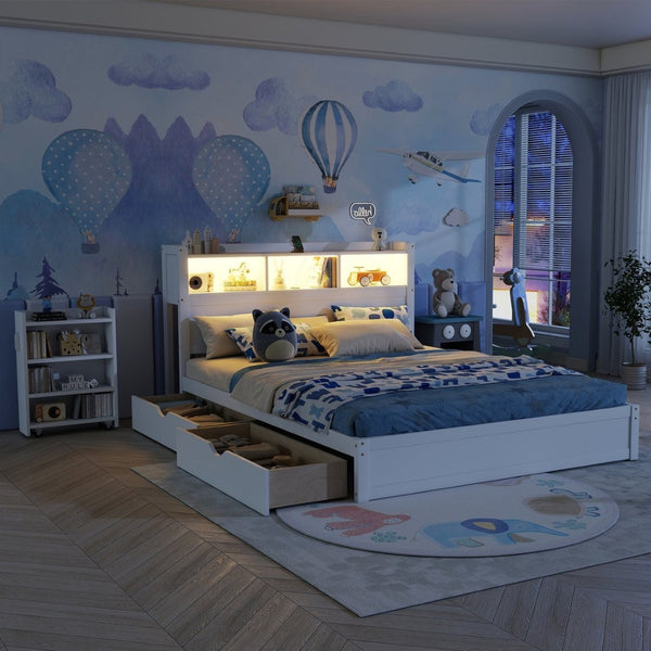 English Elm Queen Storage Bed Solid Wood Frame with LED Headboard Compartments and Pull Out Drawers White W2593S00082
